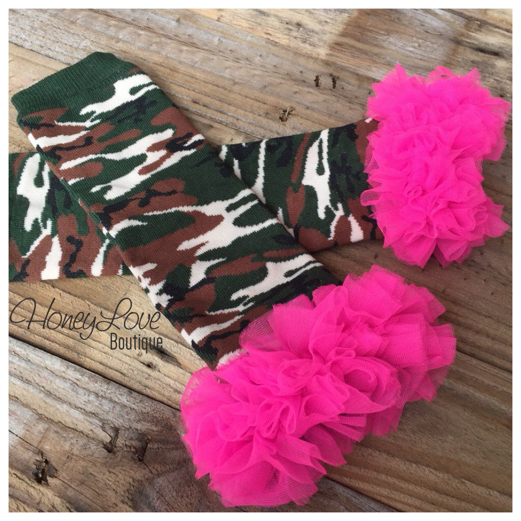 Leg Warmers - Camo with Hot Pink Ruffles - HoneyLoveBoutique
