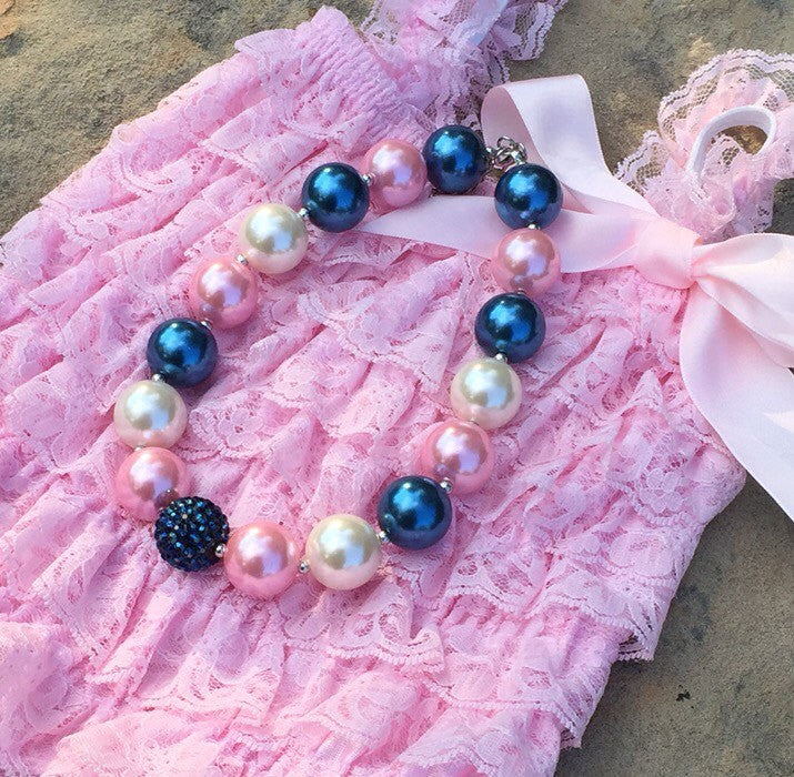 Navy, Pink and Ivory Chunky Beaded Necklace - HoneyLoveBoutique