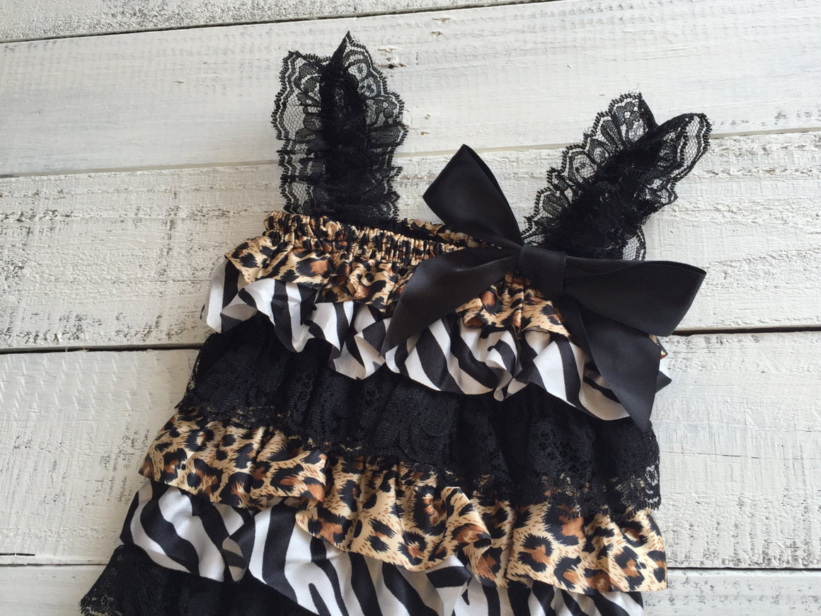 Satin and Lace Petti Romper - Zebra and Leopard Animal Print Satin & Black Lace - HoneyLoveBoutique