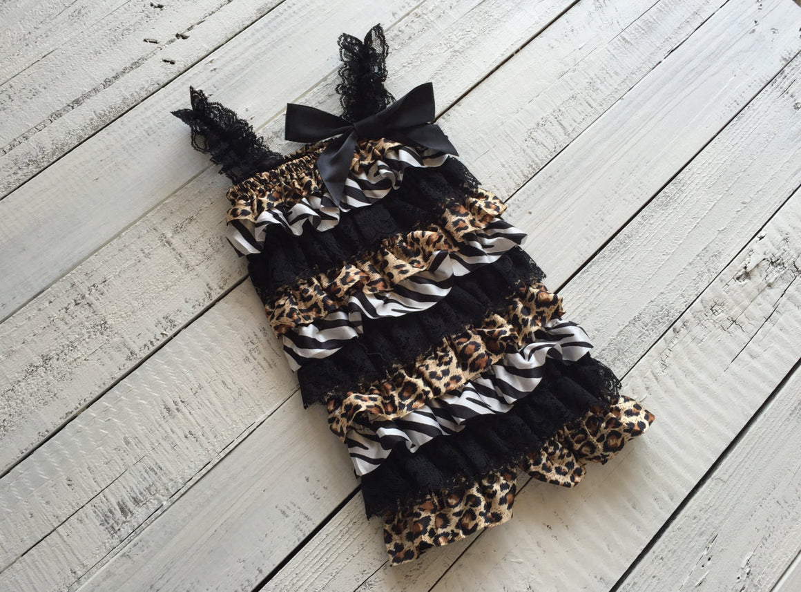 Satin and Lace Petti Romper - Zebra and Leopard Animal Print Satin & Black Lace - HoneyLoveBoutique