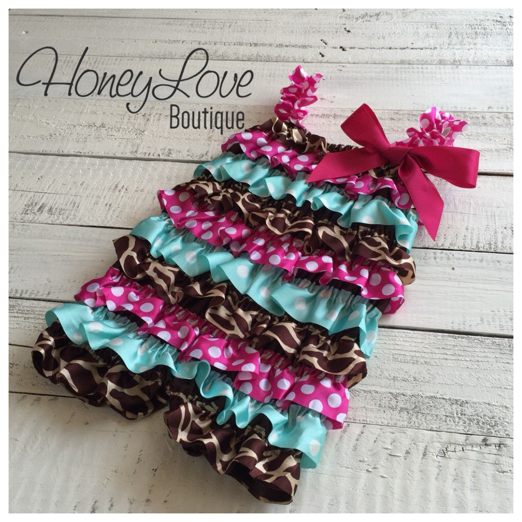 Satin Petti Romper - Giraffe Print, Hot Pink/Aqua/White Polka Dot - HoneyLoveBoutique