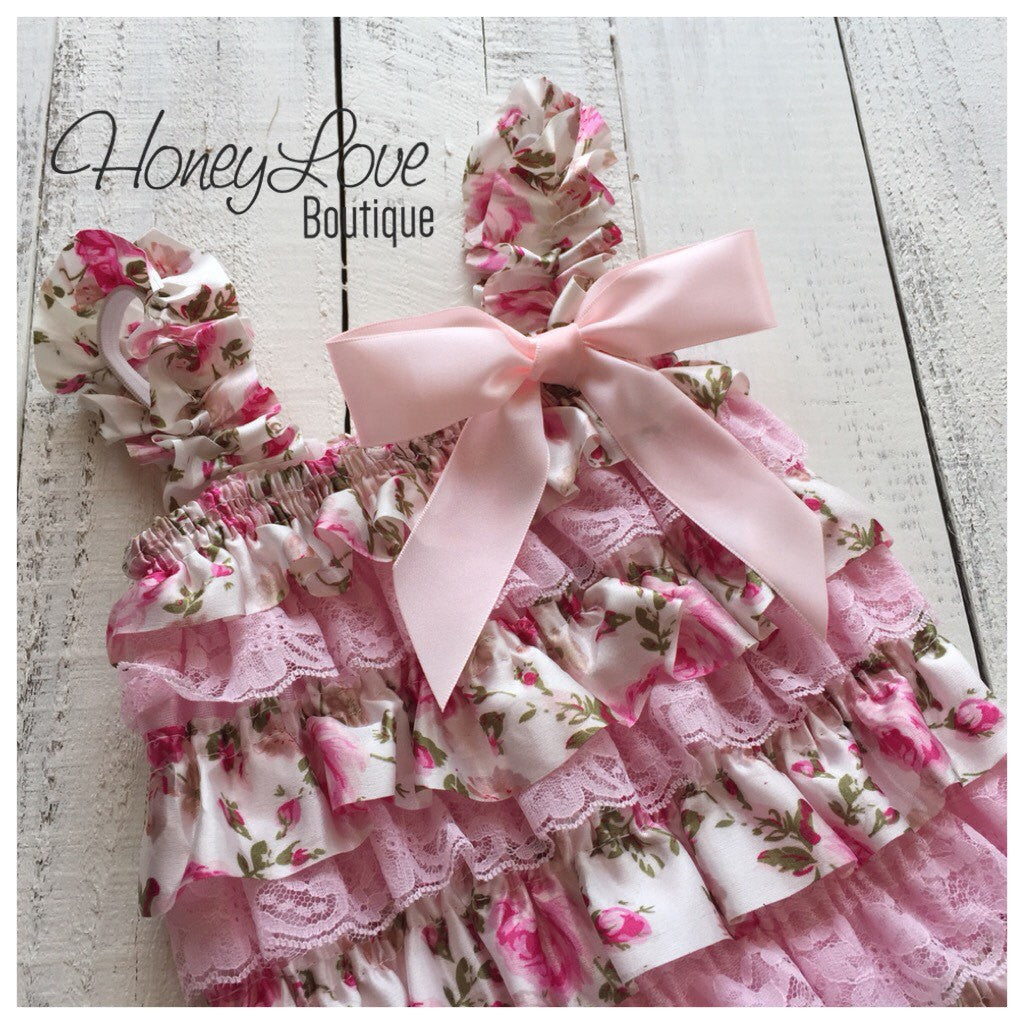Satin & Lace Petti Romper - Pink and Floral - HoneyLoveBoutique