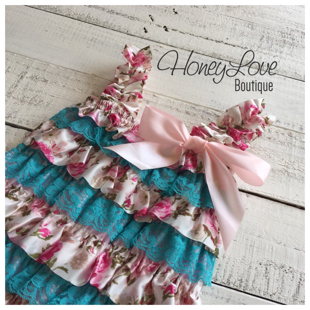 Lace & Satin Petti Romper - Blue Lace and Floral Satin - HoneyLoveBoutique