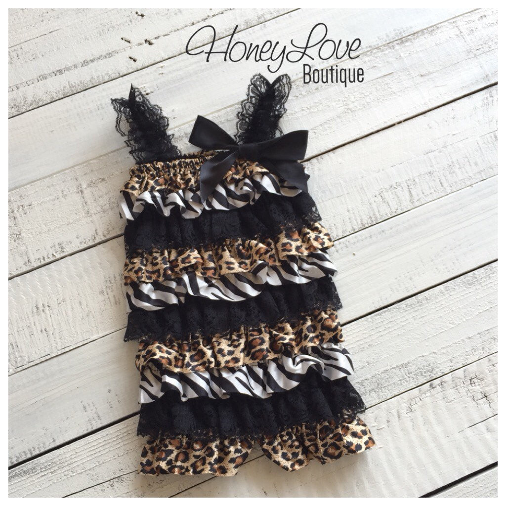 Satin and Lace Petti Romper - Zebra and Leopard Animal Print Satin & Black Lace - HoneyLoveBoutique