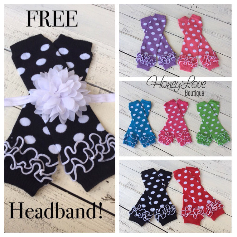 FREE HEADBAND - White polka dot leg warmers - HoneyLoveBoutique