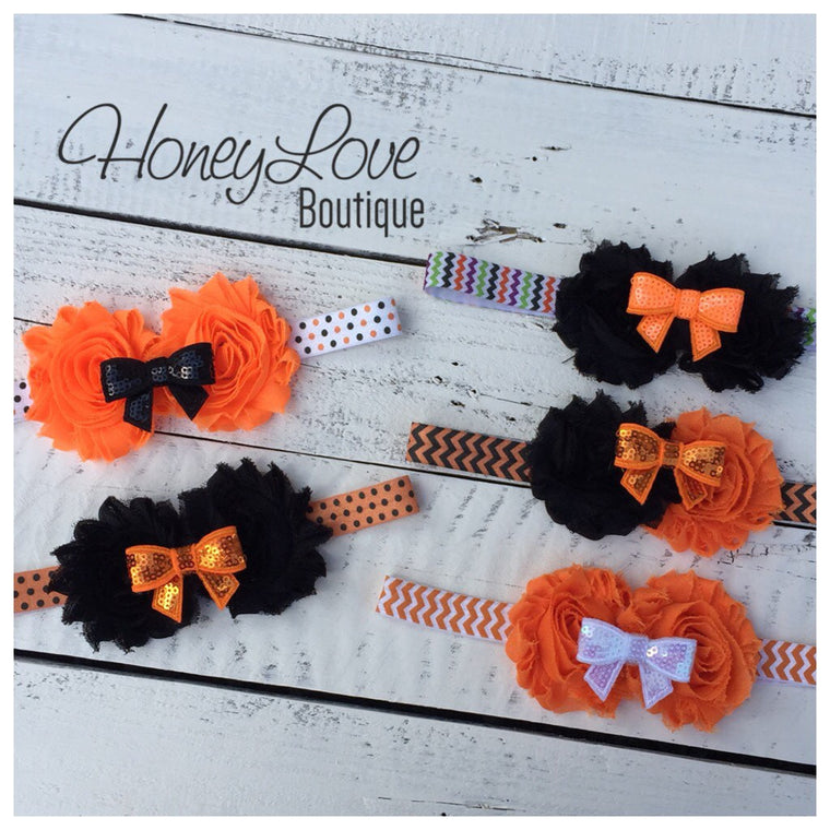 Halloween Headband - Shabby Flower - Sequin Bow - Chevron, Polka Dot Elastic - HoneyLoveBoutique