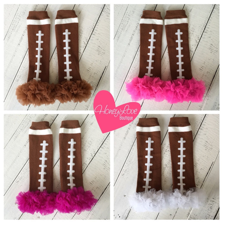 Football Leg Warmers with ruffle - Brown, White, Pink, Magenta/Plum - HoneyLoveBoutique