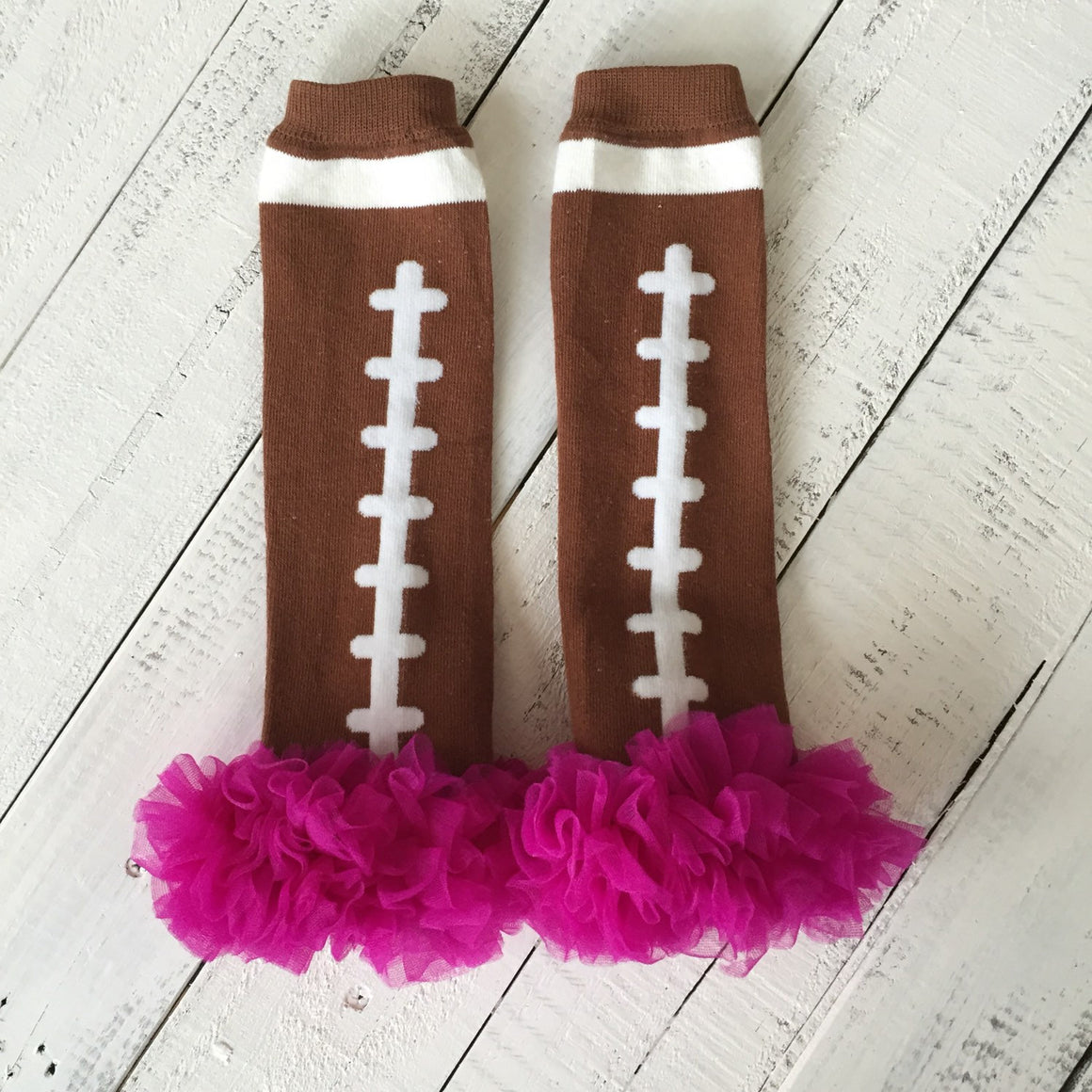 Football Leg Warmers with ruffle - Brown, White, Pink, Magenta/Plum - HoneyLoveBoutique