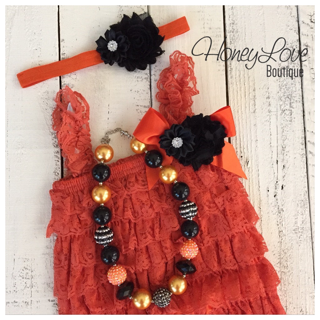 Lace Embellished Orange Petti Romper & Headband - HoneyLoveBoutique