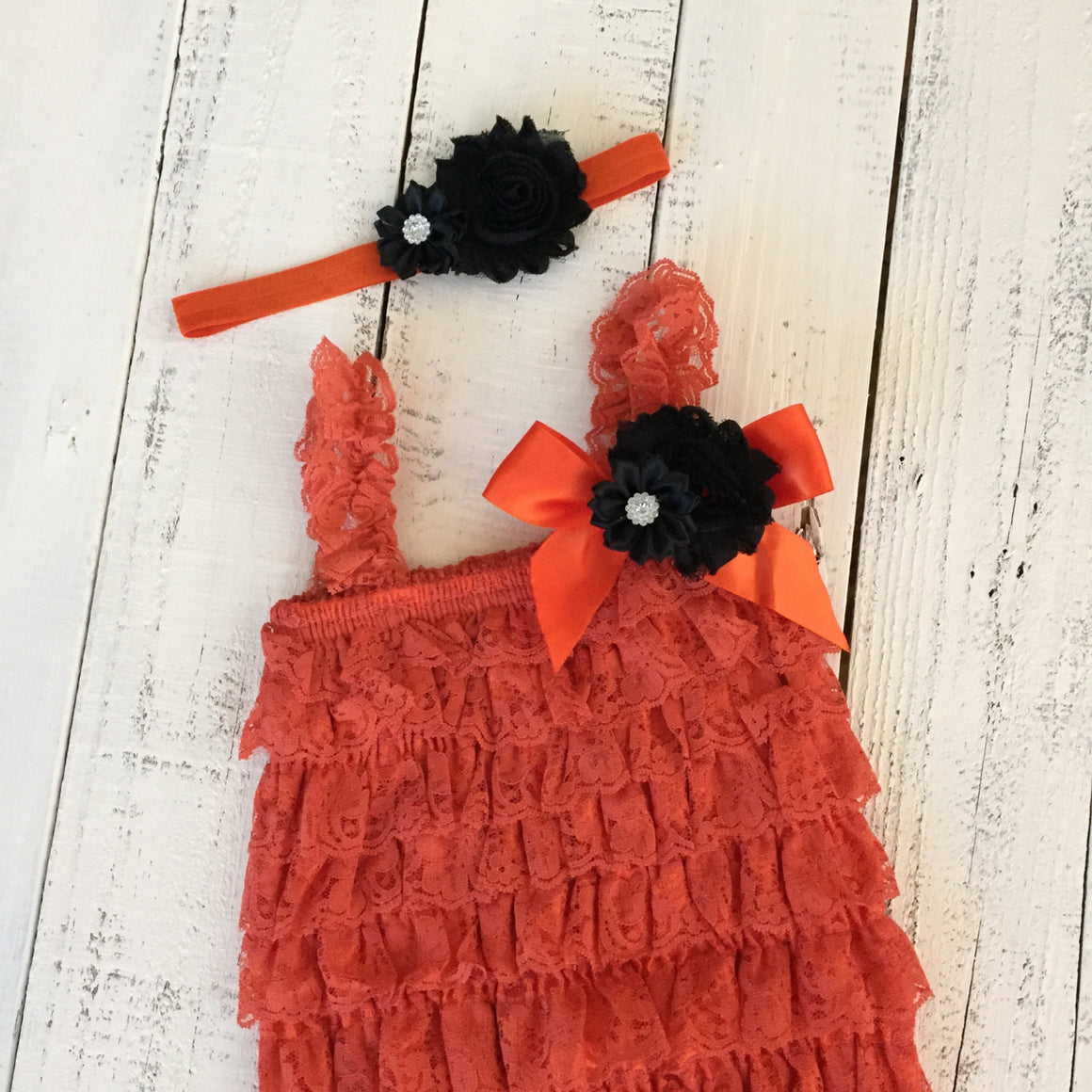 Lace Embellished Orange Petti Romper & Headband - HoneyLoveBoutique