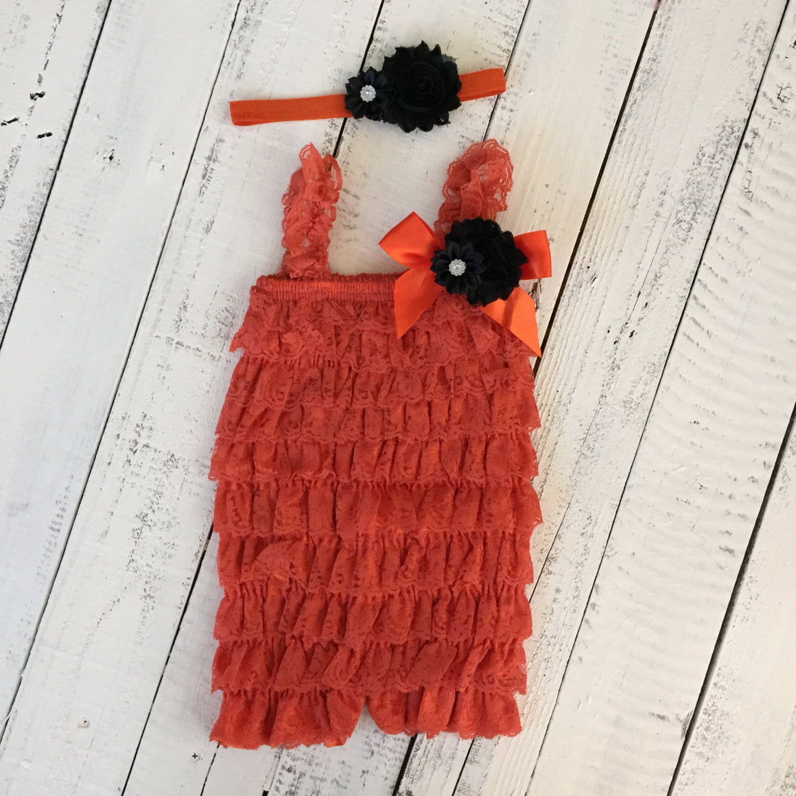 Lace Embellished Orange Petti Romper & Headband - HoneyLoveBoutique