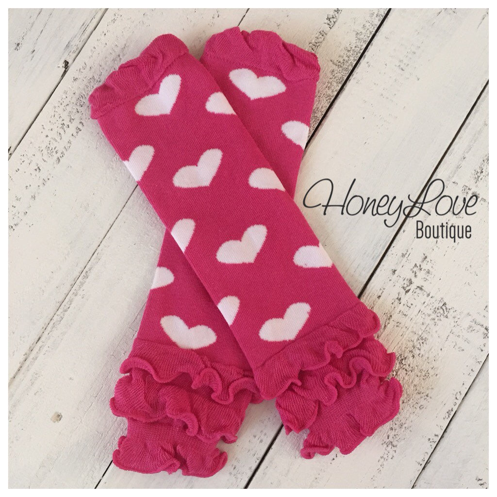 Pink and White Heart Ruffle bottom leg warmers and optional flower headband - HoneyLoveBoutique