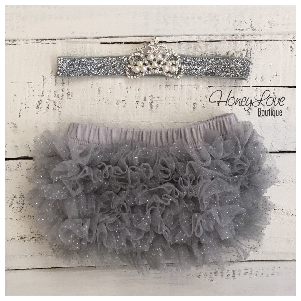 Rhinestone & Pearl Tiara headband - silver glitter and gray ruffle bottom bloomers - HoneyLoveBoutique