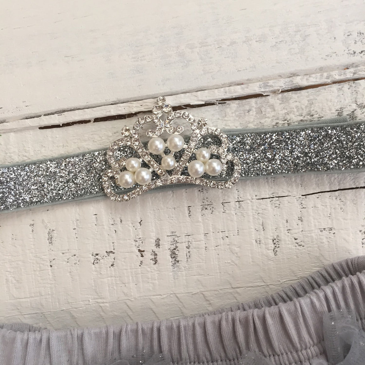 Rhinestone & Pearl Tiara headband - silver glitter and gray ruffle bottom bloomers - HoneyLoveBoutique