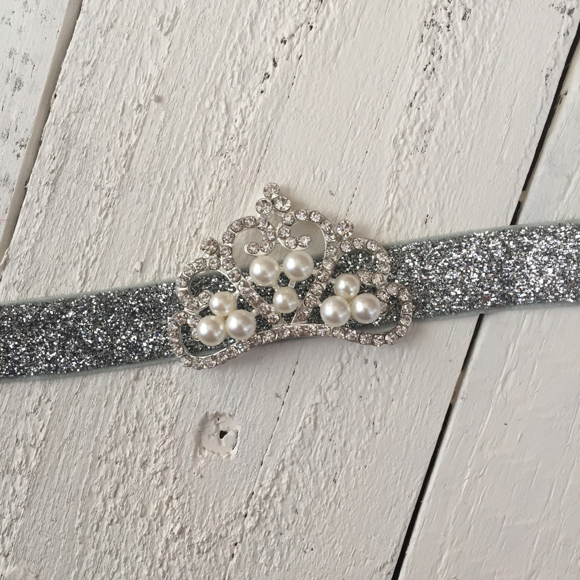 Rhinestone & Pearl Tiara headband - silver glitter and gray ruffle bottom bloomers - HoneyLoveBoutique