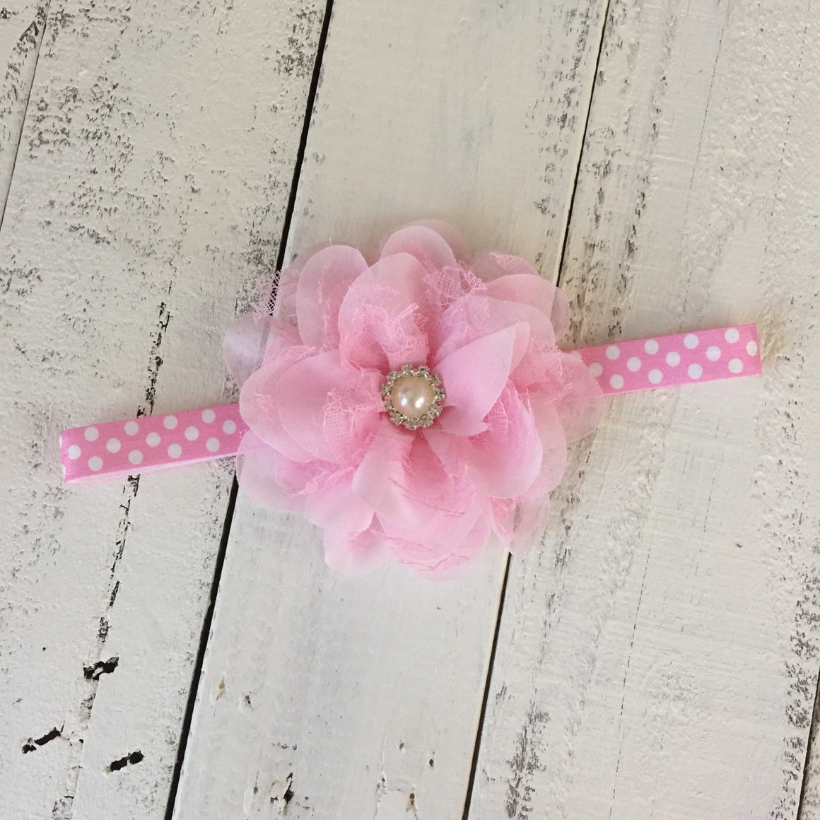 Satin & Lace Petti Romper - Light Pink and White Polka Dot - matching headband - HoneyLoveBoutique