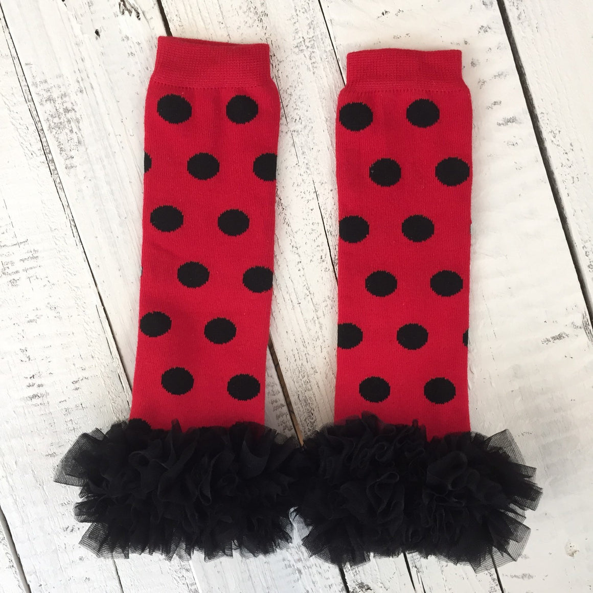 Red and Black Polka Dot leg warmers, black ruffle bottom bloomer, and black flower headband - HoneyLoveBoutique