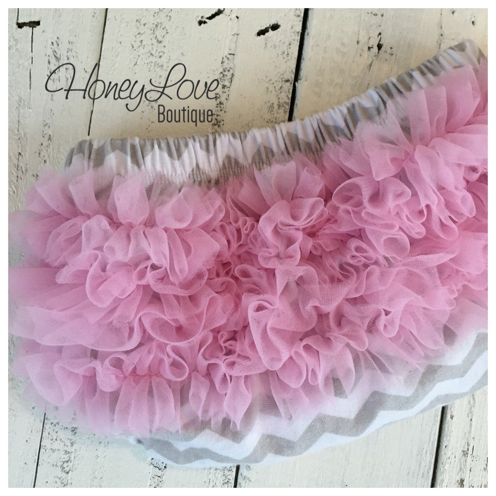 Bloomers - Grey White Chevron with Pink Chiffon Ruffles - HoneyLoveBoutique