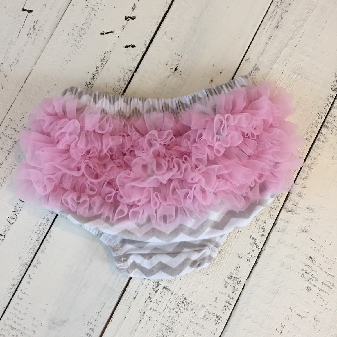 Bloomers - Grey White Chevron with Pink Chiffon Ruffles - HoneyLoveBoutique
