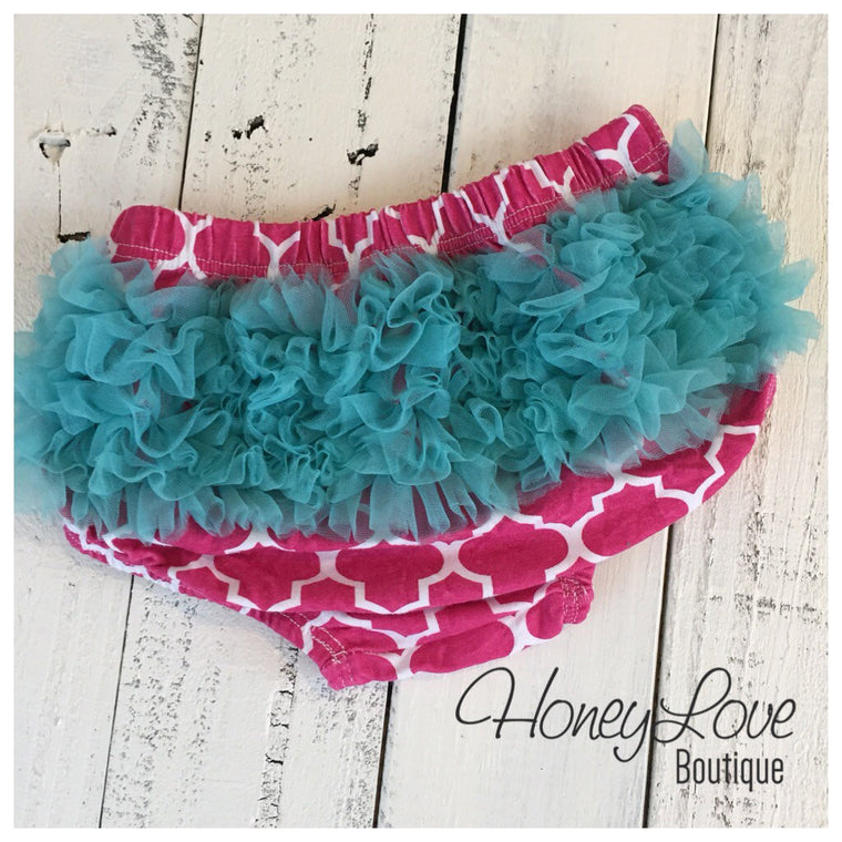 SALE! Bloomers  - Pink and White Quatrefoil with Teal Blue Ruffles - HoneyLoveBoutique