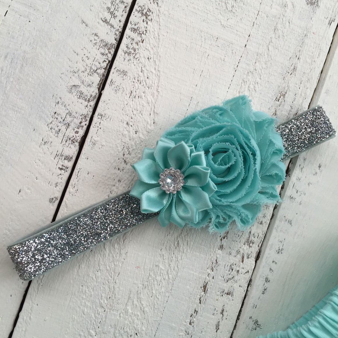 Mint/Aqua - Shabby Flower and Satin Flower Rhinestone Headband - HoneyLoveBoutique