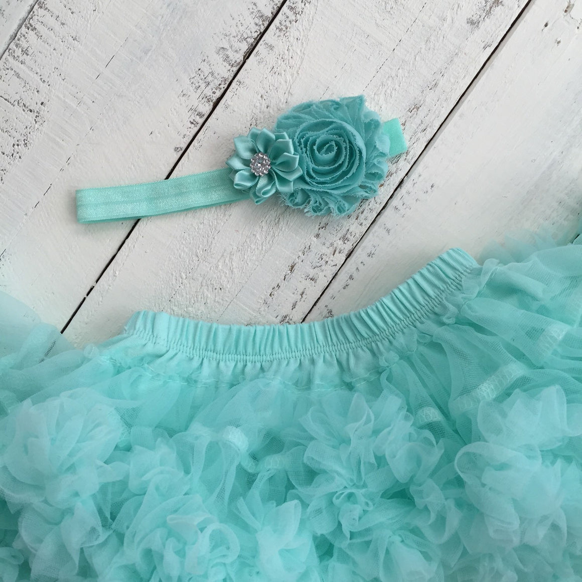 Mint/Aqua - Shabby Flower and Satin Flower Rhinestone Headband - HoneyLoveBoutique