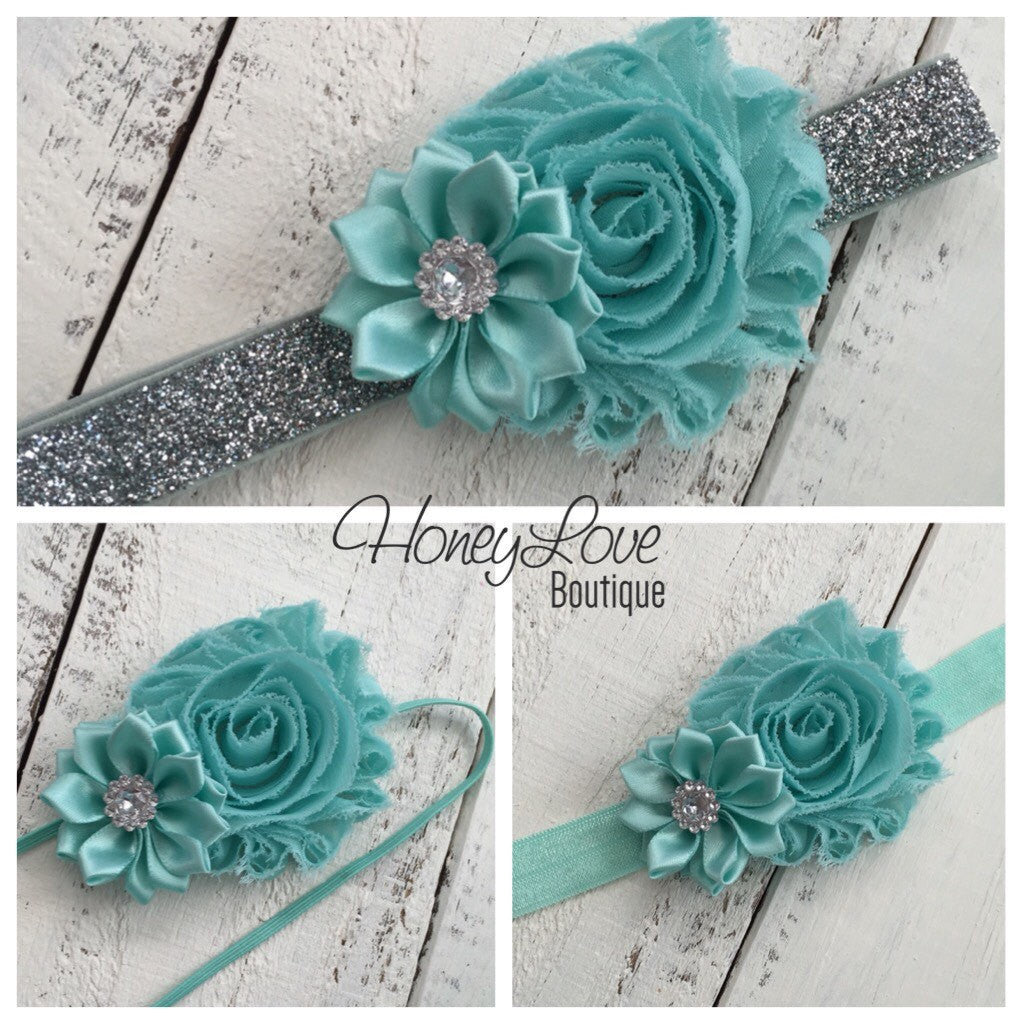 Mint/Aqua - Shabby Flower and Satin Flower Rhinestone Headband - HoneyLoveBoutique