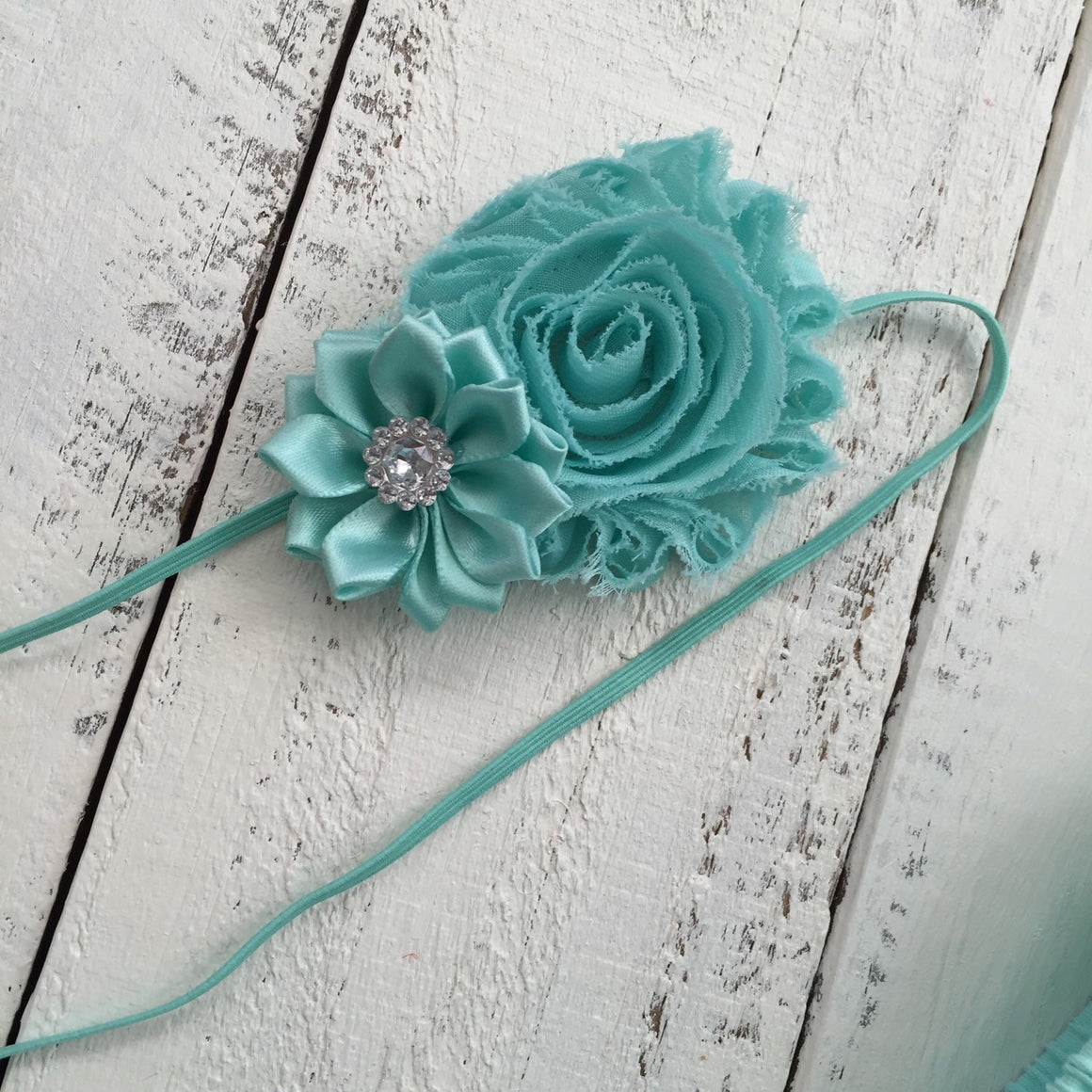 Mint/Aqua - Shabby Flower and Satin Flower Rhinestone Headband - HoneyLoveBoutique