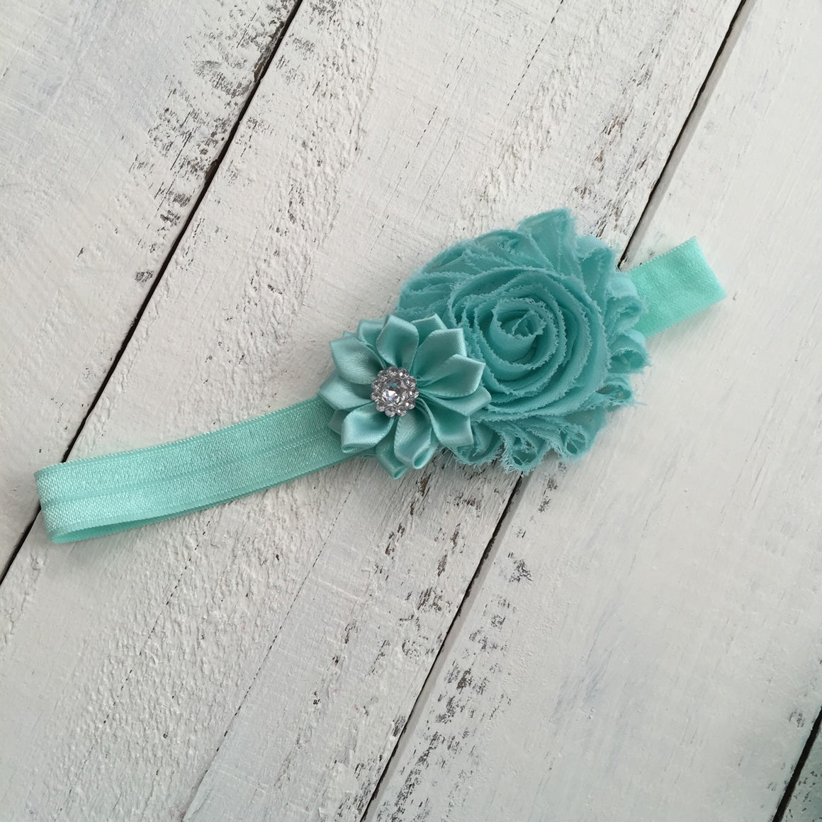 Mint/Aqua - Shabby Flower and Satin Flower Rhinestone Headband - HoneyLoveBoutique