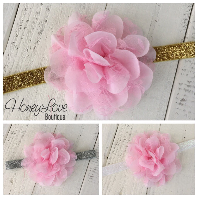 Pink Lace and Chiffon Layered Flower on Gold, Silver or White Glitter headband - HoneyLoveBoutique