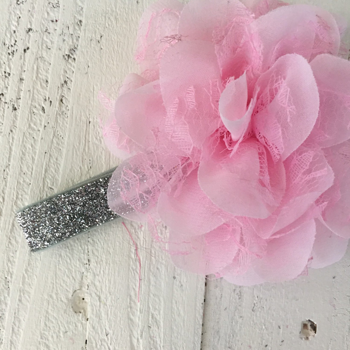 Pink Lace and Chiffon Layered Flower on Gold, Silver or White Glitter headband - HoneyLoveBoutique