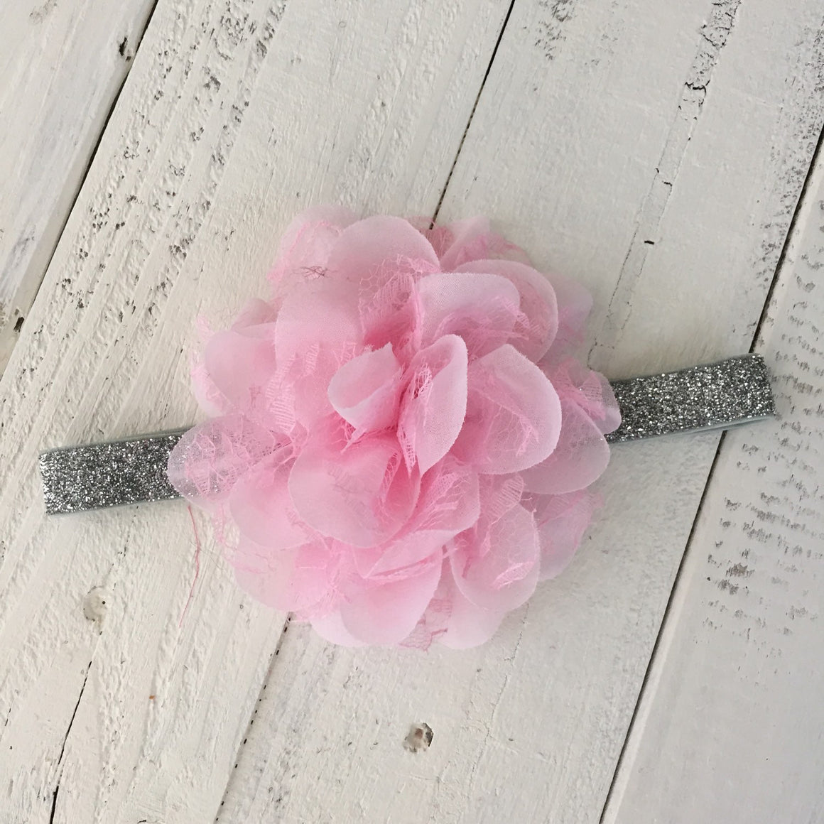Pink Lace and Chiffon Layered Flower on Gold, Silver or White Glitter headband - HoneyLoveBoutique
