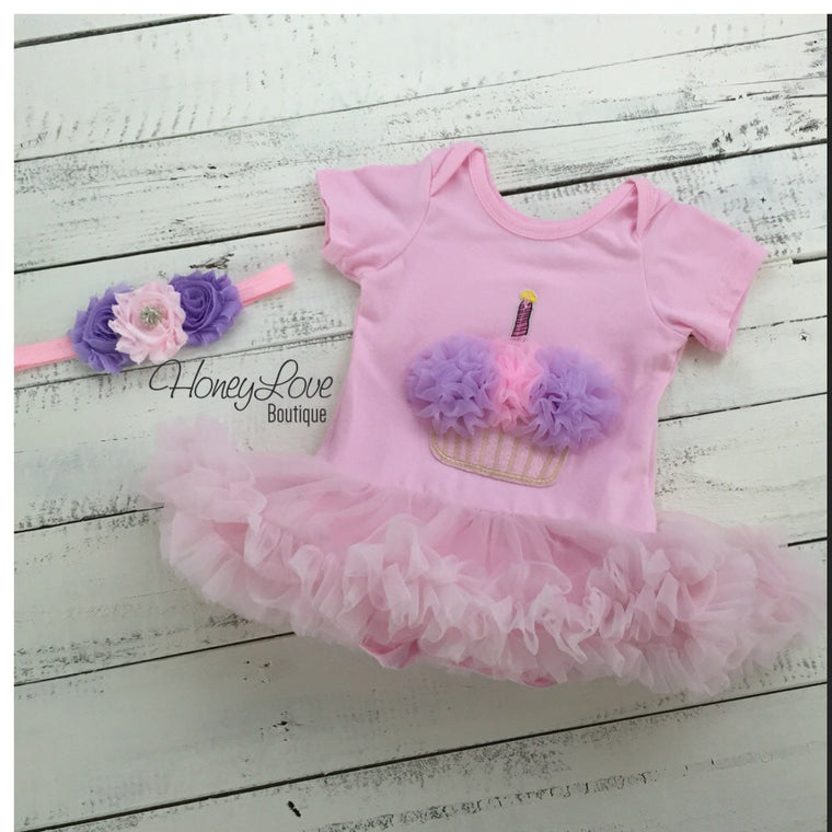 Cupcake Tutu Dress and matching rhinestone headband - Pink and Purple - HoneyLoveBoutique