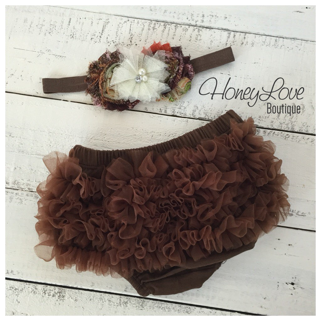 Brown ruffle bottom bloomer and headband - HoneyLoveBoutique