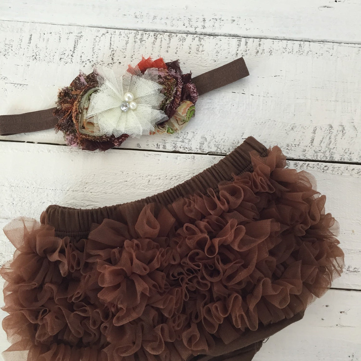 Brown ruffle bottom bloomer and headband - HoneyLoveBoutique