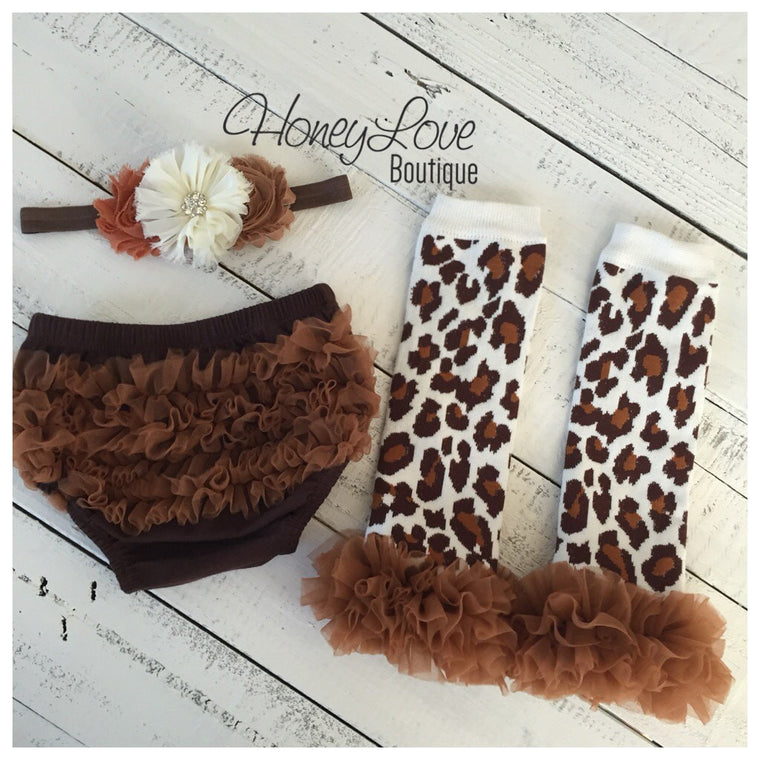 Brown ruffle bloomers diaper cover  - Leopard print ruffle bottom leg warmers - matching headband - HoneyLoveBoutique