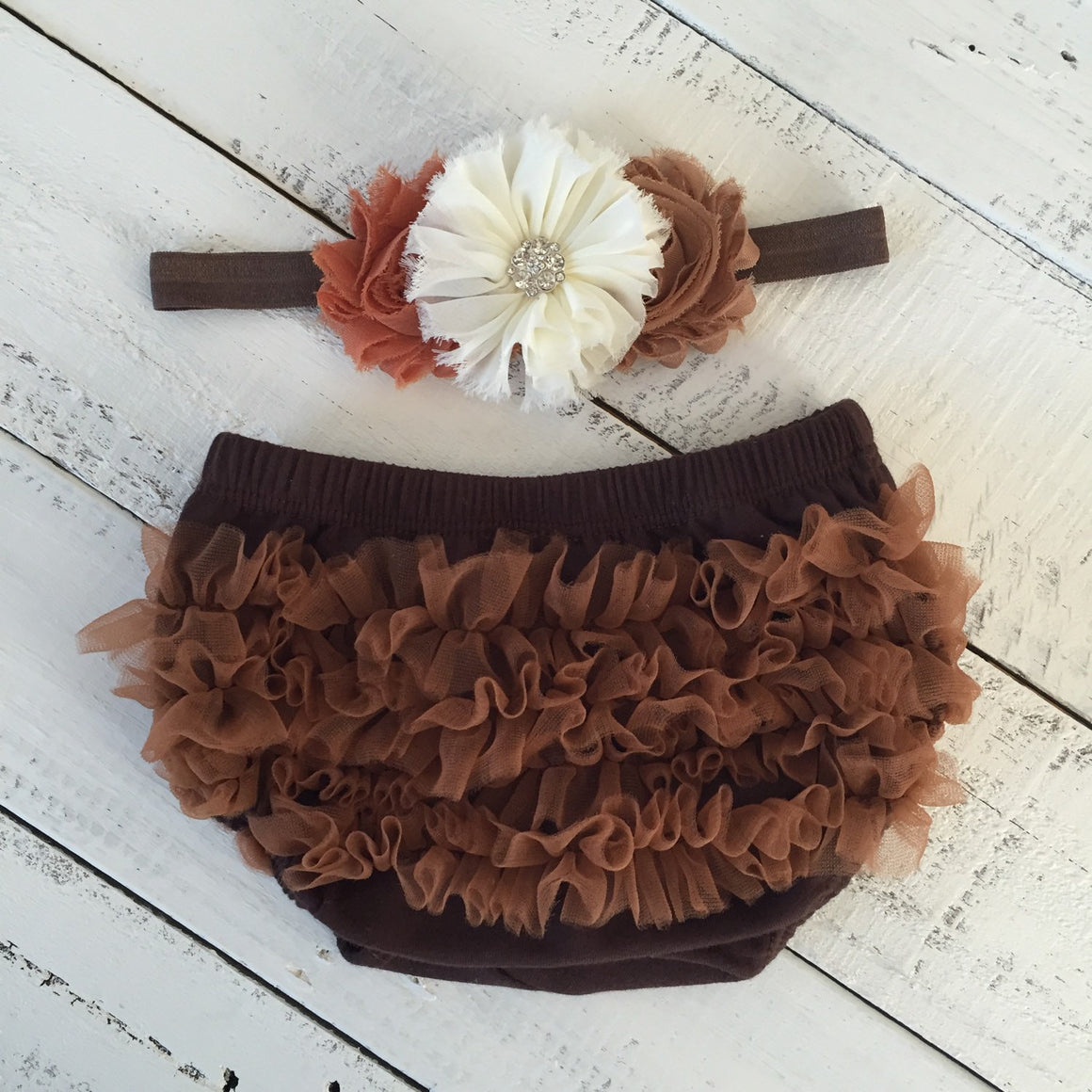 Brown ruffle bloomers diaper cover  - Leopard print ruffle bottom leg warmers - matching headband - HoneyLoveBoutique