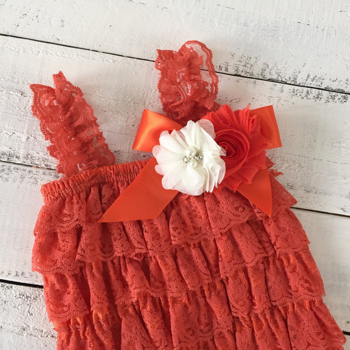 Lace Petti Romper - Embelished Orange romper and matching headband - HoneyLoveBoutique