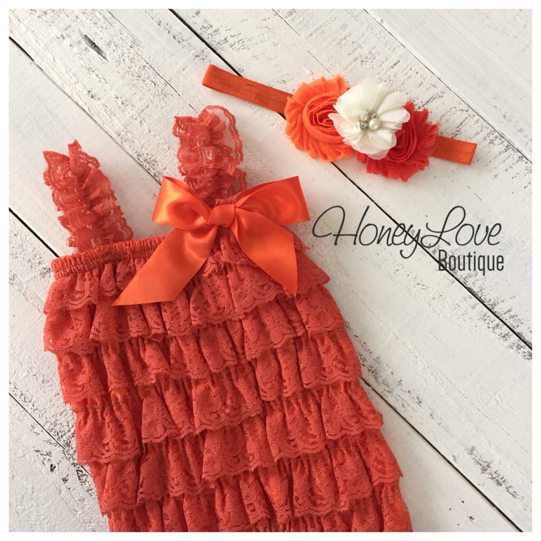 Lace Petti Romper - Embelished Orange romper and matching headband - HoneyLoveBoutique