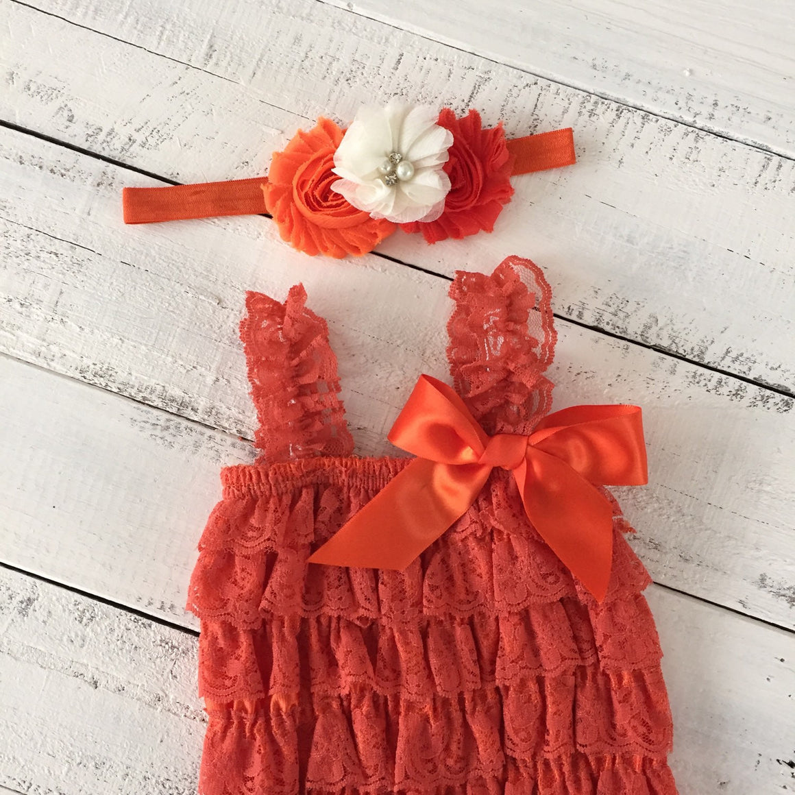 Lace Petti Romper - Embelished Orange romper and matching headband - HoneyLoveBoutique