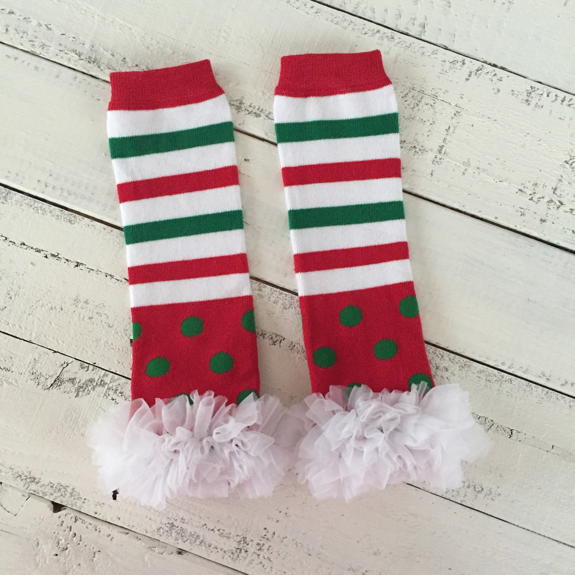 Leg Warmers - Christmas Red/White/Green with white ruffles - HoneyLoveBoutique