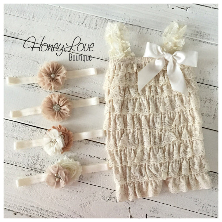 Lace Petti Romper - Champagne and matching flower headband - HoneyLoveBoutique