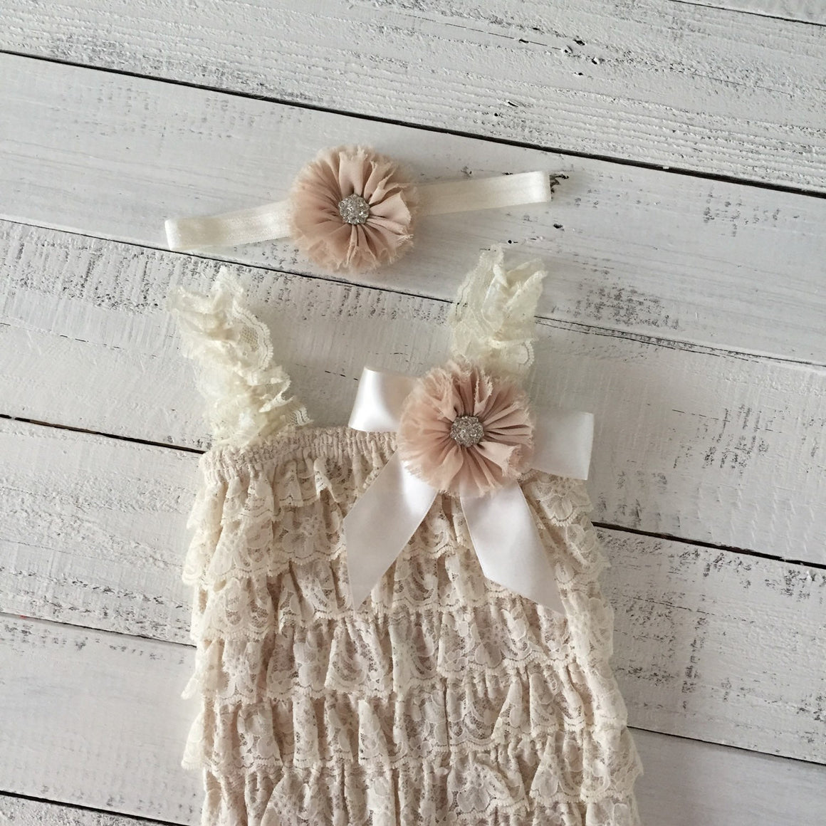 Lace Petti Romper - Champagne and matching flower headband - HoneyLoveBoutique