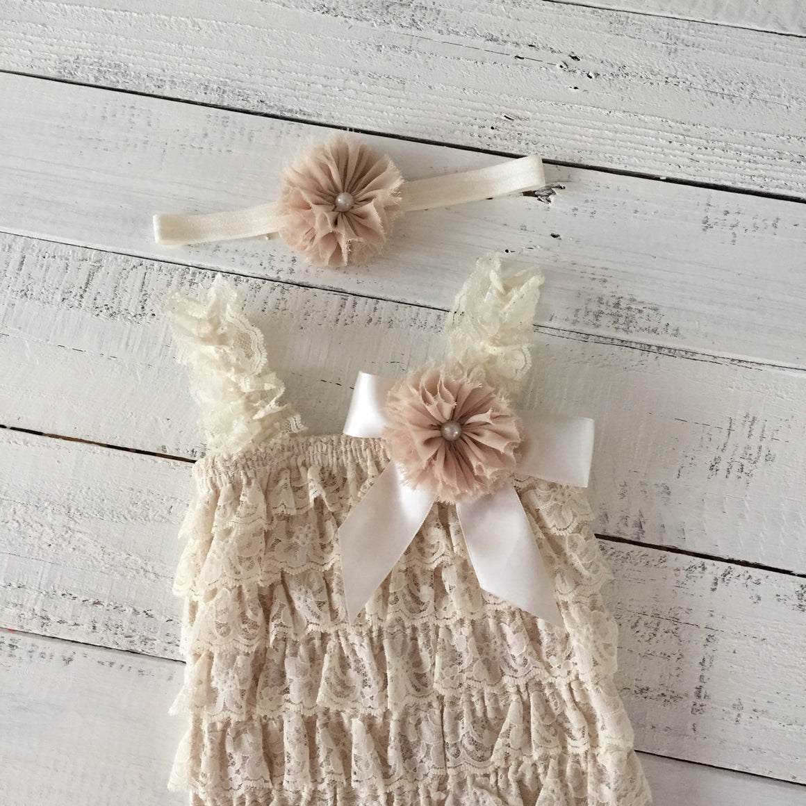 Lace Petti Romper - Champagne and matching flower headband - HoneyLoveBoutique