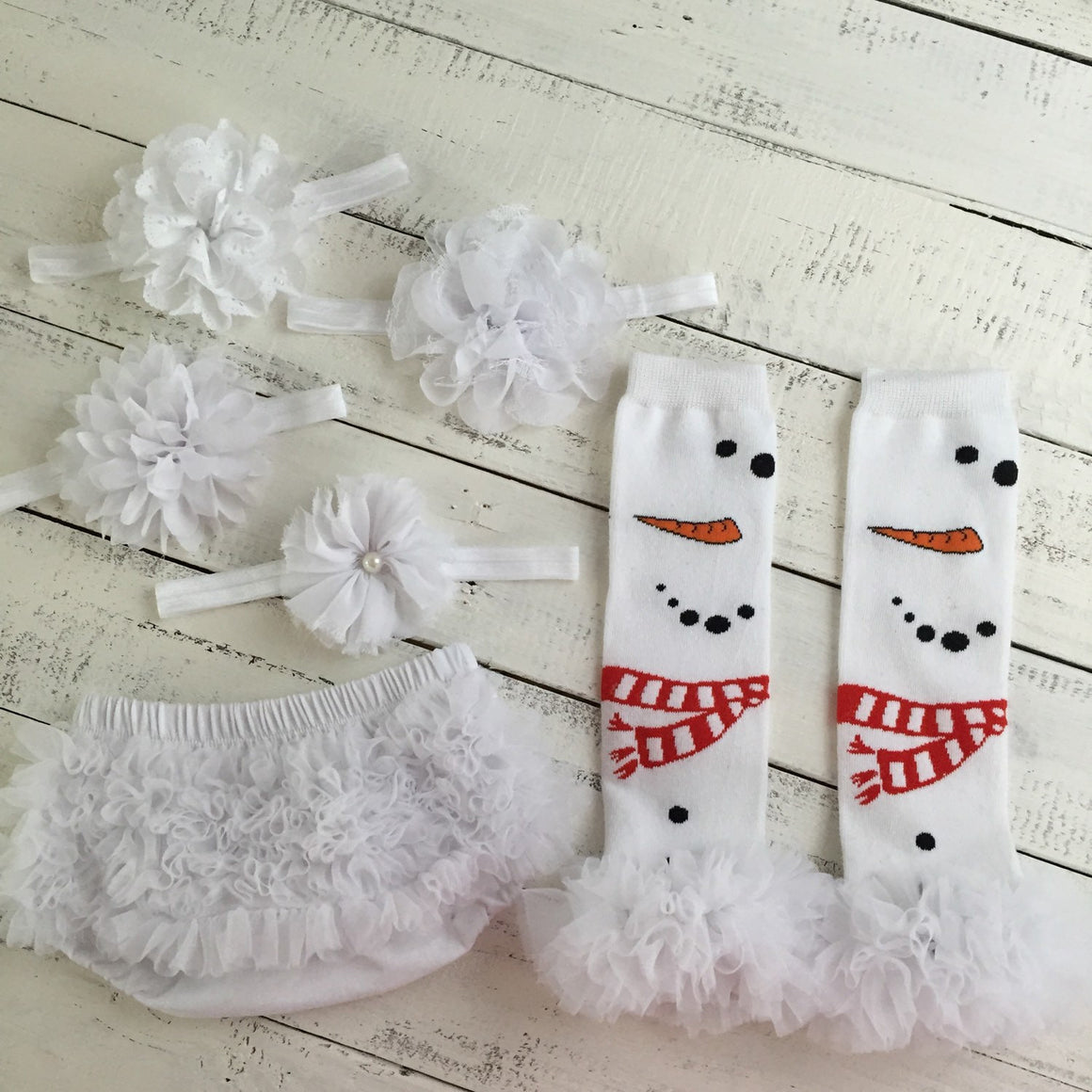 Snowman leg warmers, flower headband, white ruffle bottom bloomers - HoneyLoveBoutique