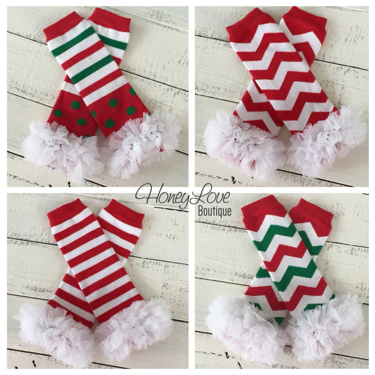 Leg Warmers - Christmas Red/White/Green with white ruffles - HoneyLoveBoutique