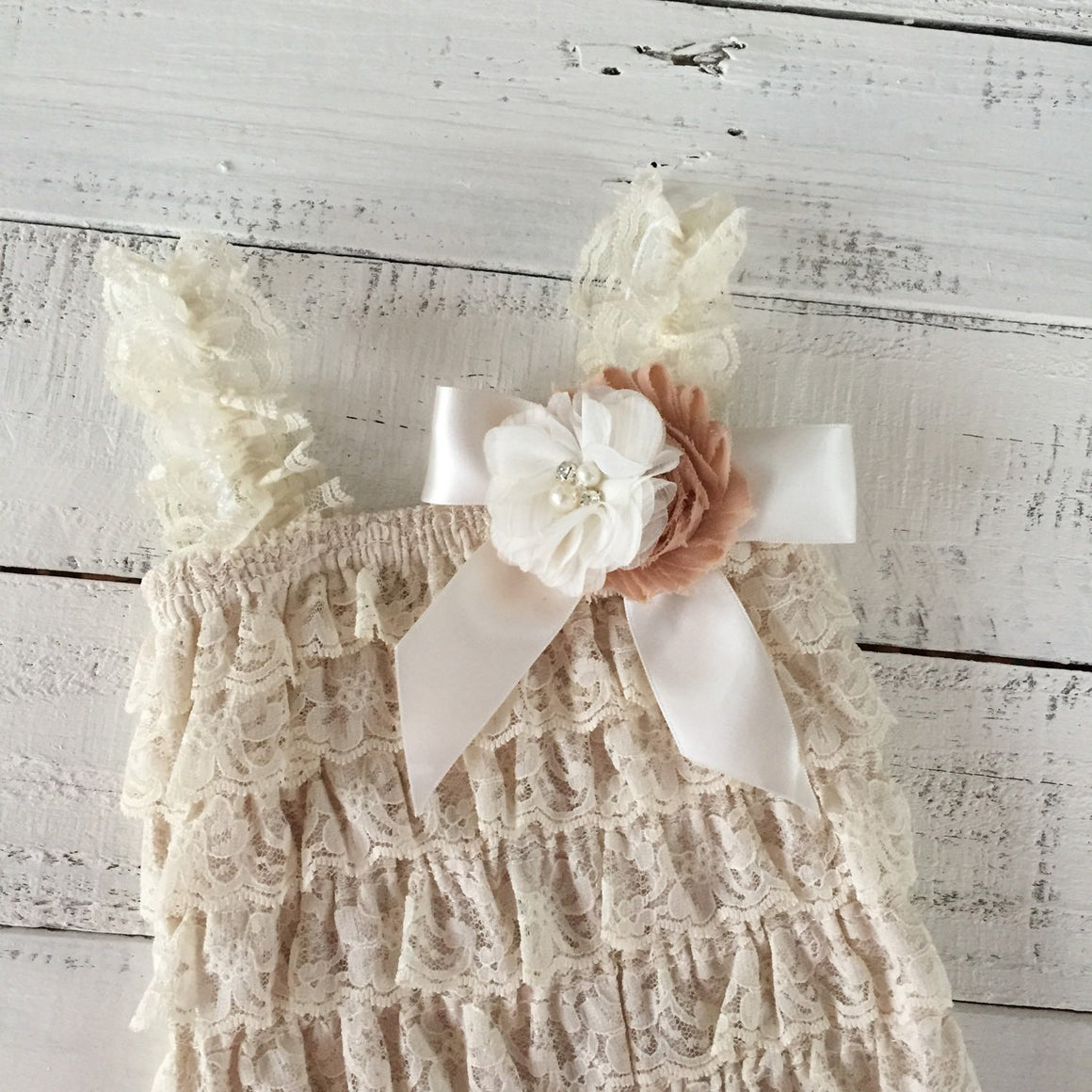 Lace Petti Romper - Champagne and matching flower headband - HoneyLoveBoutique