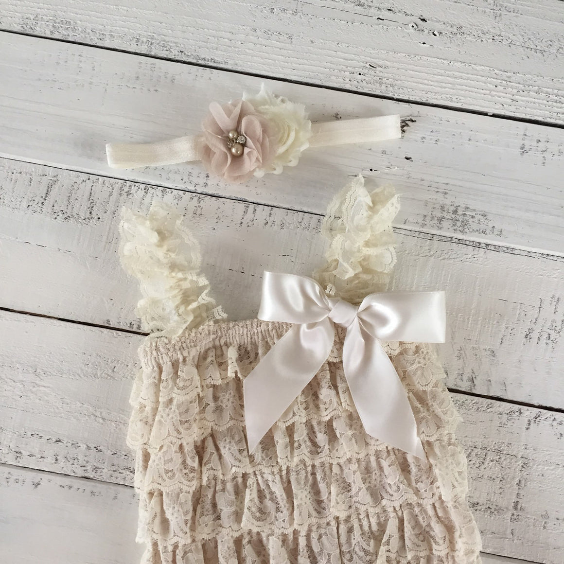 Lace Petti Romper - Champagne and matching flower headband - HoneyLoveBoutique
