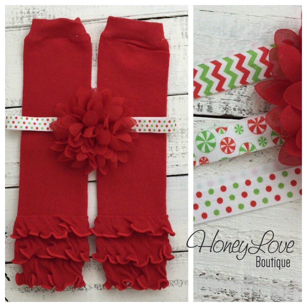 Red ruffle bottom leg warmers and choice of headband - HoneyLoveBoutique