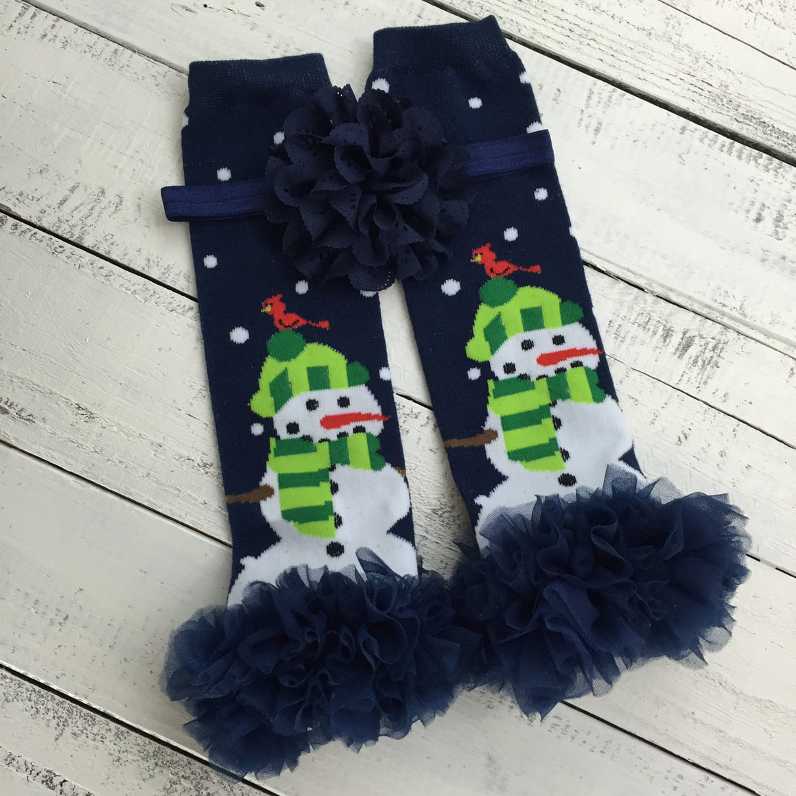 Snowman leg warmers, matching navy flower headband and ruffle bottom bloomers - HoneyLoveBoutique